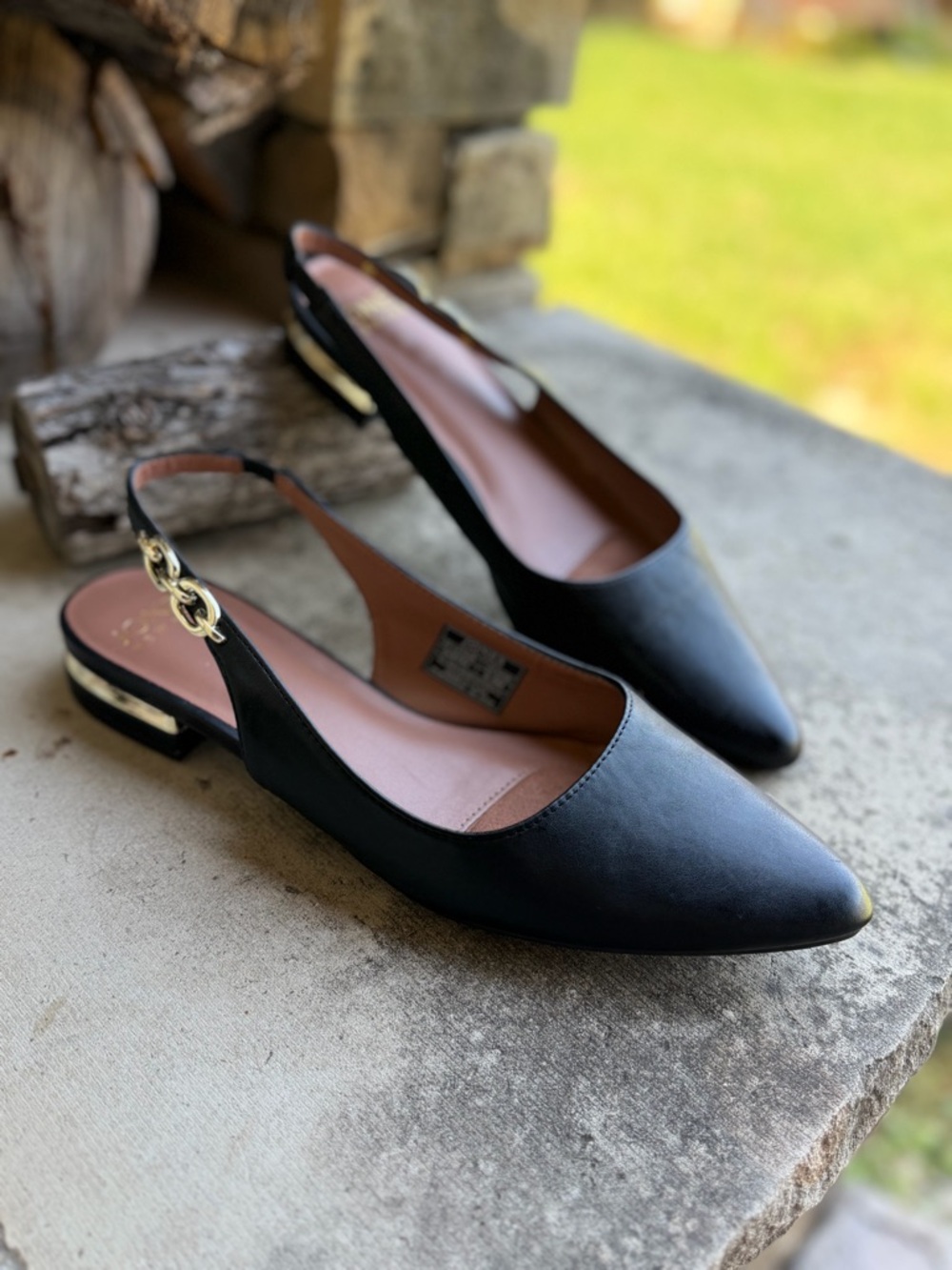 Jones New York Black Pointed Slingback Flats with Gold Accent